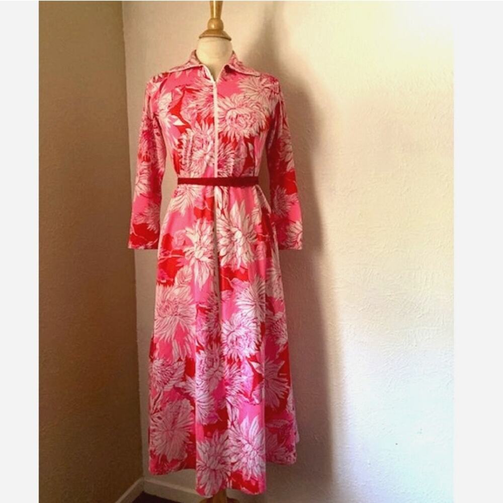 Vintage Bright PINK and Red Floral Poly Knit Dress w/ POCKETS - Medium Large